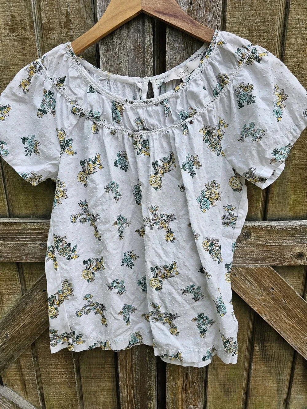 LOFT Floral Puff Sleeve Blouse White Swiss Dot Cotton Top Boho Women's Size XS